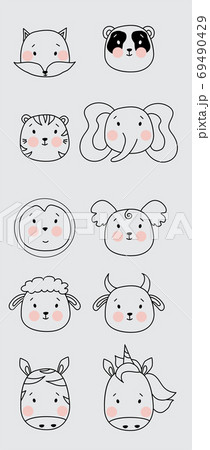 Outline drawing. Cute simple animal portraits - fox and panda, tiger and words, penguin and koala, sheep and bull, zebra and unicorn. Childrens collection, for design, printing and decoration. Vector  69490429