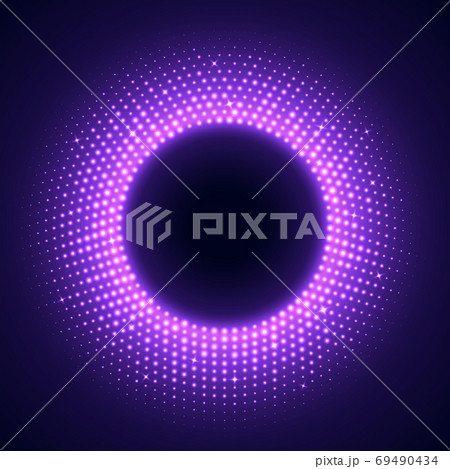 Purple round frame in disco style. Bright illuminated circular border isolated on a dark background. Purple round frame in disco style. Bright illuminated circular border isolated on a dark background. 69490434