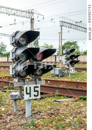 Railway traffic light and red signal light 69490743
