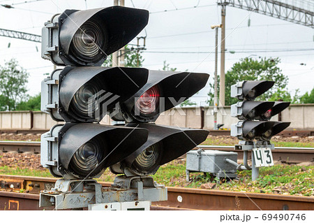 Railway traffic light and red signal light 69490746