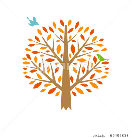 秋の紅葉の木と鳥のイラストのイラスト素材