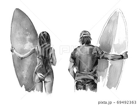 hand-drawn watercolor illustration. a girl in a bathing suit and a guy in a cap holding a surfboard. the view from the back. water sport 69492363