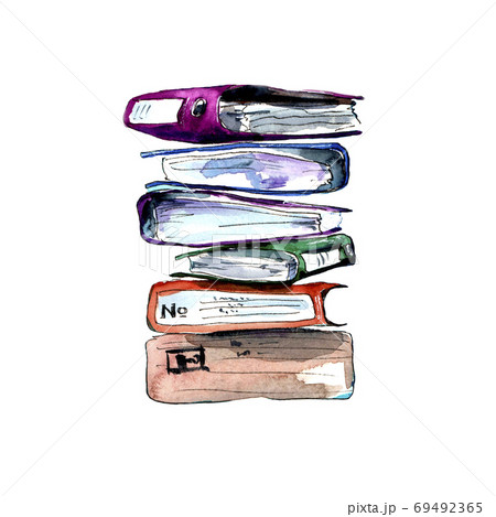 isolated watercolor illustration-a stack of multicolored paper office folders 69492365