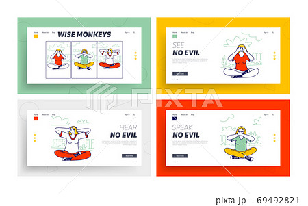 Three Wise Monkeys Landing Page Template Set. Women Characters Closing Eyes, Ears, Mouth Do Not See, Hear and Speak Evil Three Wise Monkeys Landing Page Template Set. Women Characters Closing Eyes, Ears, Mouth Do Not See, Hear and Speak Evil 69492821