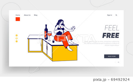 Woman Doing Home Beauty Procedure Landing Page Template. Female Character Sit on Table with Wine Bottle Painting Nails 69492924