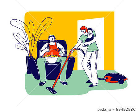 Lazy Spouse Concept. Busy Wife with Vacuum Cleaner and Baby on Hands doing Household Chores. Fat Husbandwith Drink Beer Lazy Spouse Concept. Busy Wife with Vacuum Cleaner and Baby on Hands doing Household Chores. Fat Husbandwith Drink Beer 69492936