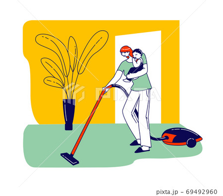 Busy Mother with Vacuum Cleaner and Baby on Hands doing Household Chores. Female Character Houseworking, Cleaning Home Busy Mother with Vacuum Cleaner and Baby on Hands doing Household Chores. Female Character Houseworking, Cleaning Home 69492960