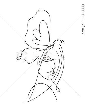 Single continuous line drawing beauty woman with butterfly artwork 69494441