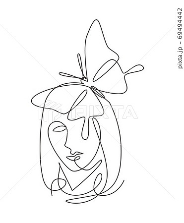 Single continuous line drawing beauty woman with butterfly artwo 69494442