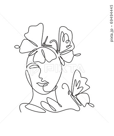 One single line drawing woman with butterfly line art vector illustration 69494445