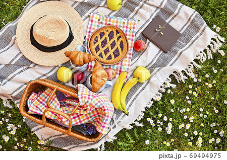 Picnic basket on the green grass in the park. Delicious food for lunch outdoors. Sweet pastries Picnic basket on the green grass in the park. Delicious food for lunch outdoors. Sweet pastries 69494975