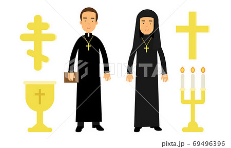 Christian Religion Attributes with Man Dressed in Priest Long Garment and Cross Vector Set 69496396