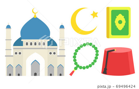 Muslim Religion Attributes with Mosque and Tasbeeh Vector Set Muslim Religion Attributes with Mosque and Tasbeeh Vector Set 69496424