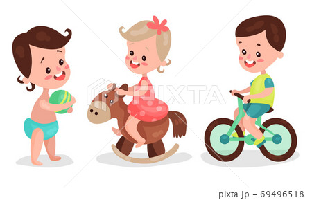 Baby Girl and Boy Playing with Ball and Riding Bicycle Vector Illustration Set Baby Girl and Boy Playing with Ball and Riding Bicycle Vector Illustration Set 69496518