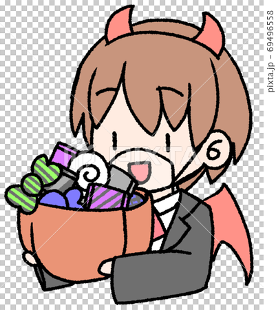 A boy who got a lot of sweets at Halloween with a mouse shield 69496558