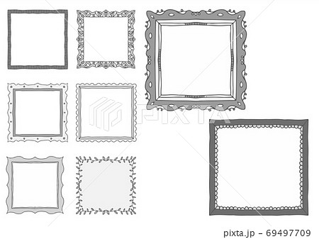 手書きのフレームセット 吹き出しのベクター画像 レトロな枠 モノクロ 真四角のイラスト素材
