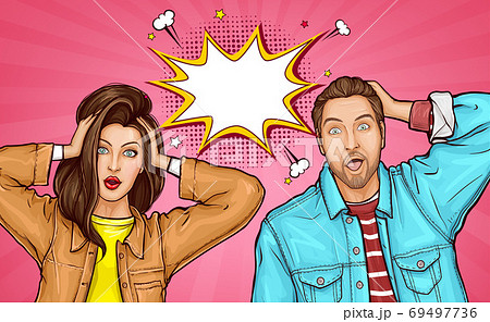 Shocked man and woman with open eyes, mouths 69497736