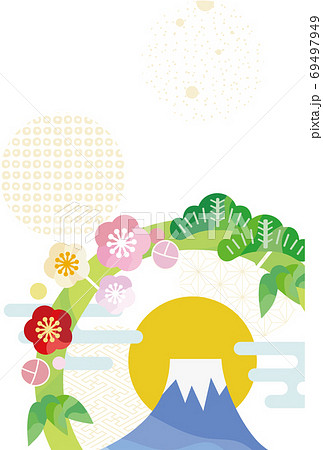 松 梅 竹の花輪と富士山の年賀状イラストのイラスト素材