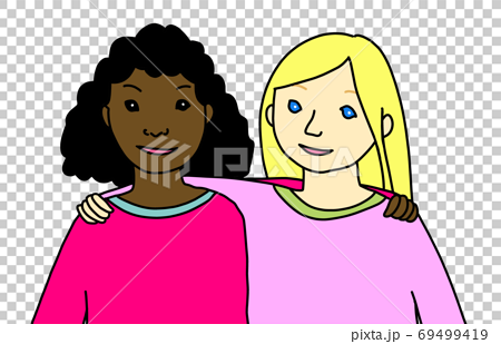 肩を組む黒人と白人の女性のイラスト素材