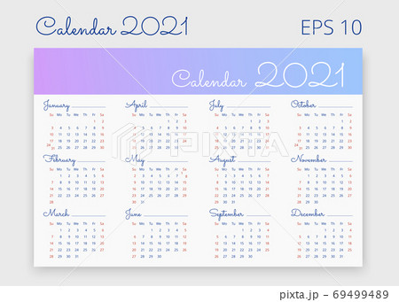 Creative calendar of 2021 year in white background. Sundays and saturdays are highlighted in red. Week starts on Sunday. Horizontal poster, banner, web 69499489