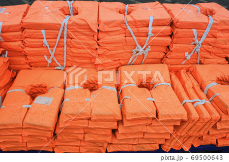 life jacket's sorted on the ship with water drops life jacket's sorted on the ship with water drops 69500643