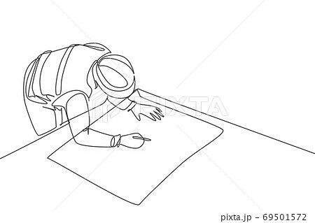 Single continuous line drawing of young architect draw sketch draft construction design on drawing table Single continuous line drawing of young architect draw sketch draft construction design on drawing table 69501572