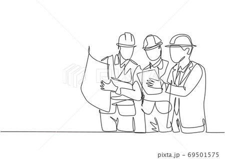 One continuous line drawing of young architect, manager and engineer meeting at building construction site 69501575