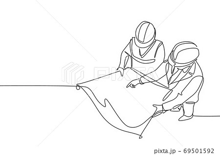 Single continuous line drawing of young company manager do quality control to sketch draft blueprint design 69501592