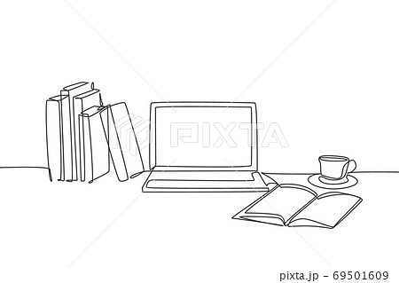 One continuous line drawing of stack of books line up with computer laptop, book and a cup of coffee 69501609