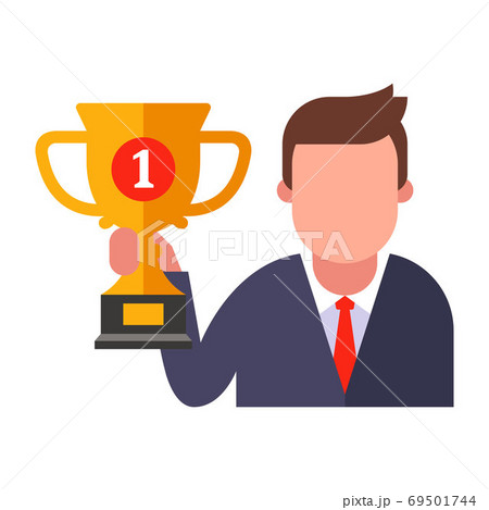 cup win manager. take first place at work. Flat character vector illustration. 69501744