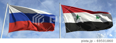 Flags of Russia and Syria on flagpoles. 3d rendering Flags of Russia and Syria on flagpoles. 3d rendering 69501860