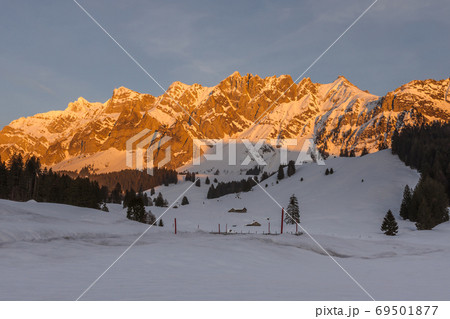 The Saentis massif in evening light, winter landscape, Canton Appenzell-Ausserrhoden, Switzerland 69501877