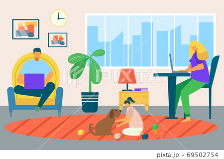 Freelance work home, male, female character working on laptop at home, self employed, home office vector illustration. Workplace. 69502754