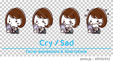 スマホを持った女性の表情のイラスト 泣く 悲しいのイラスト素材