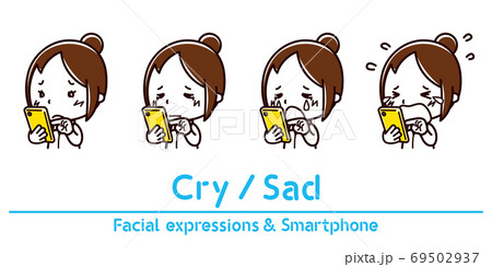 スマホを持った女性の表情のイラスト 泣く 悲しいのイラスト素材
