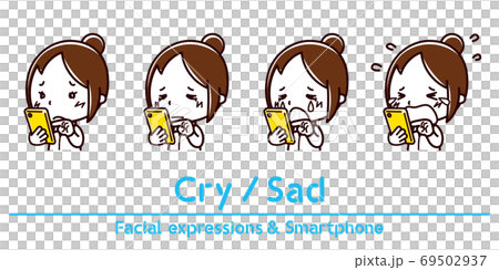 スマホを持った女性の表情のイラスト/泣く/悲しい スマホを持った女性の表情のイラスト/泣く/悲しい 69502937