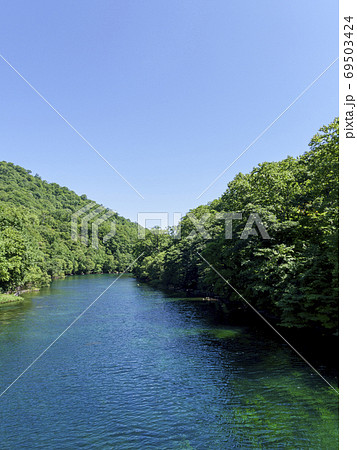 青緑色の千歳川と快晴の空 69503424