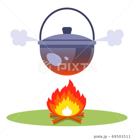 boil water over a fire. cook soup in the woods. flat vector illustration. 69503511