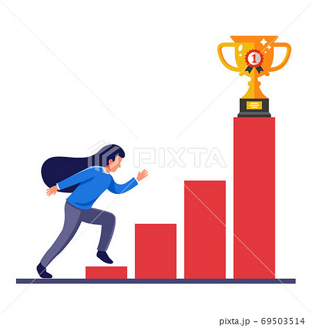 the girl reaches her goal and runs for the award on the ladder of opportunities. Flat character vector illustration. 69503514