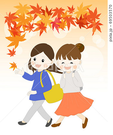 秋に紅葉狩りを楽しむ女性2人02のイラスト素材