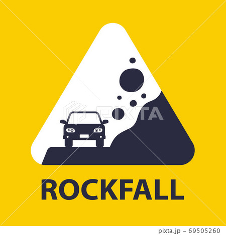 road yellow sign caution rockfall. flat vector illustration road yellow sign caution rockfall. flat vector illustration 69505260