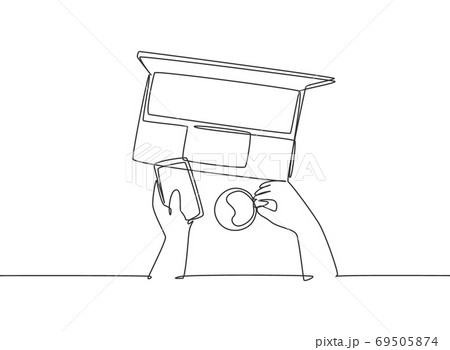 One single line drawing of young happy business manager typing on smartphone do online shopping One single line drawing of young happy business manager typing on smartphone do online shopping 69505874