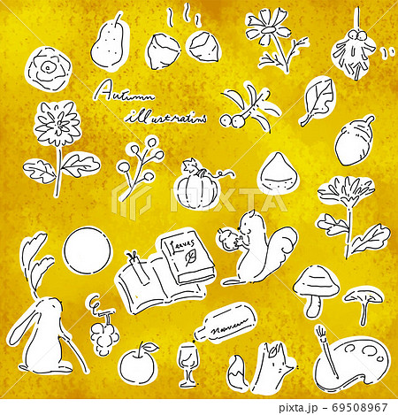 かわいい手描きの秋素材セット　線画　白フチ付き 69508967