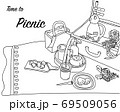 Picnic time with picnic basket, coffee, tea, drink and dessert. Contour line hand drawn sketch. Vector cartoon illustration clipart. 69509056