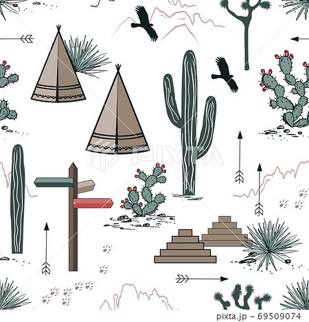 Adventure seamless pattern with wild desert nature, rocks, saguaro, wigwams, and arrows. Vector background design for wallpapers, textile, tapestry, cards or banners 69509074