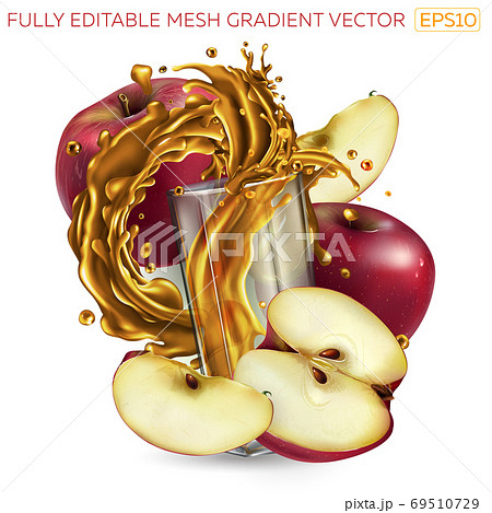 Splash of fruit juice in a glass among red apples. Splash of fruit juice in a glass among red apples. 69510729