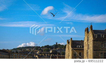 Skyline Of The Old City Of Bath With Birds の写真素材