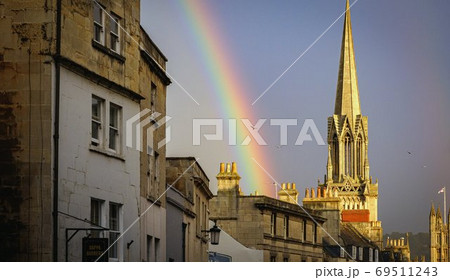 Background with rainbow over the buildings of Bath in the united kingdom. 69511243