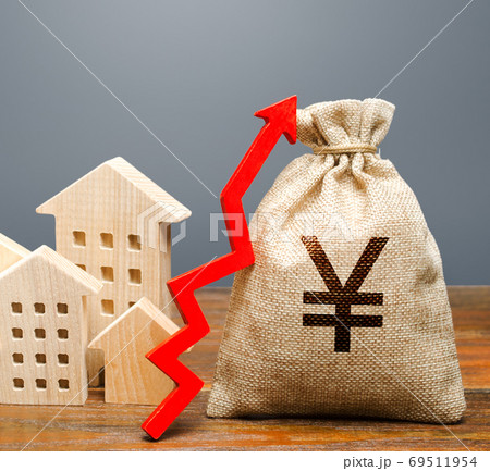 Wooden houses and a money bag with an up arrow. The concept of increasing the cost of housing. The growth of rent and mortgage rates. Raising rents, property taxes. Budget, subsidized funds Wooden houses and a money bag with an up arrow. The concept of increasing the cost of housing. The growth of rent and mortgage rates. Raising rents, property taxes. Budget, subsidized funds 69511954