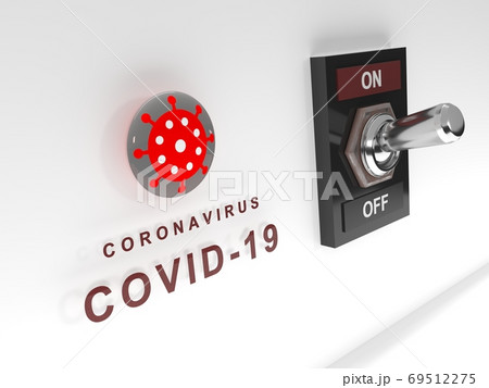 Covid-19 toggle switch on. Concept of the remote control of the coronavirus. Virus tumbler switch on white panel. Concept of artificial origin of the 2019-nCoV. Conspiracy theory. 3d rendering Covid-19 toggle switch on. Concept of the remote control of the coronavirus. Virus tumbler switch on white panel. Concept of artificial origin of the 2019-nCoV. Conspiracy theory. 3d rendering 69512275